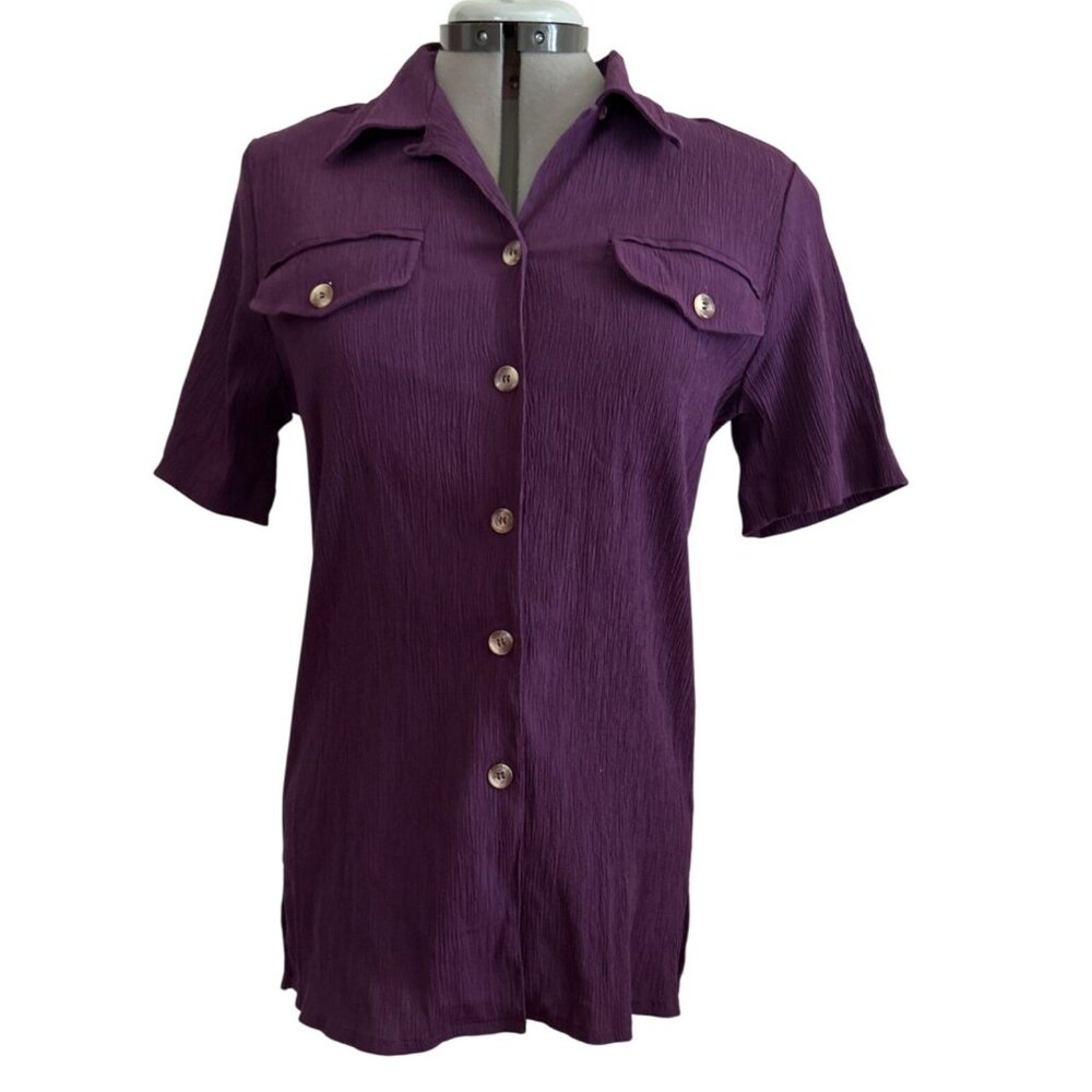Ship N Shore Purple Button-Up Short Sleeve Top Textured Fabric Womens S